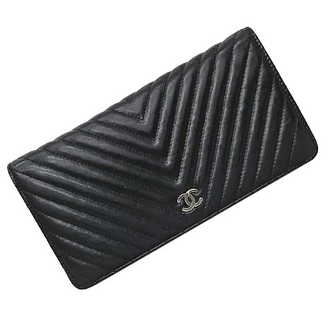 CHANEL Bifold Long Wallet Black Silver V Stitch A31509